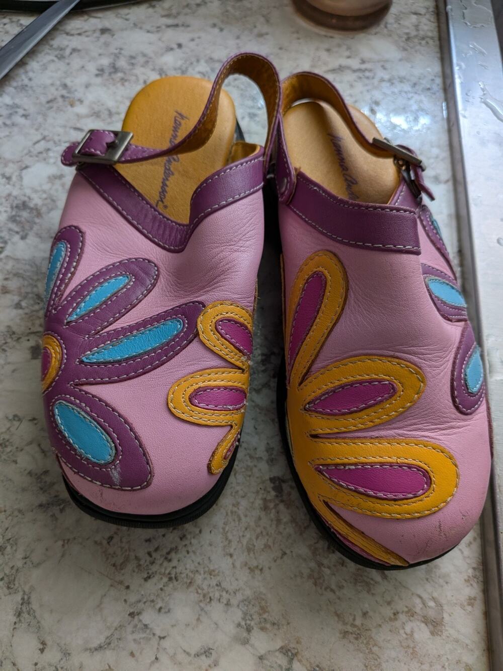Hanna Andersson Leather Clogs girls EU 33 Pink Floral Leather Wood Sz 1 -2